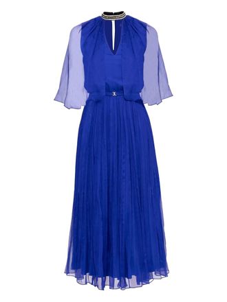 Nissa crystal-detail pleated silk dress - Blue