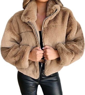 Generic Womens Fall and Winter Fluffy Collar Zipper Short Jacket Fashion Casual Furry Warm Loose Lapel Long-sleeved Faux Fur Coat (Khaki,M)