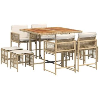 vidaXL Set Comedor De Jard&iacute;n 9 Pzas Con Cojines Rat&aacute;n Sint&eacute;tico Beige Vidaxl