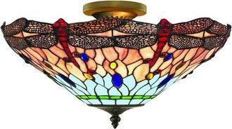 Eglo Searchlight Dragonfly - 3 Light Semi Flush Ceiling Light Antique Brass, Tiffany Glass, Red, Blue, E14