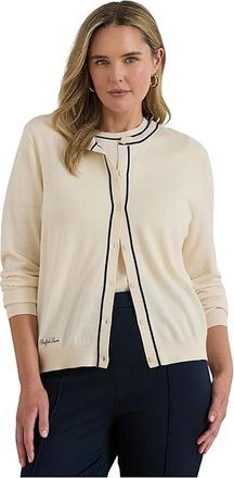 Lauren Ralph Lauren Two-Tone Cotton-Modal Cardigan Womens Sweater Mascarpone Cream/Refined Navy : SM, Cotton/Modal