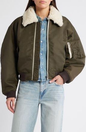 Re/Done Shrunken Genuine Shearling Collar Water Resistant Bomber in Dark Military at Nordstrom Rack, Size Large