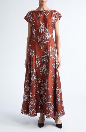 Lela Rose Metallic Floral Brocade A-Line Gown in Brick at Nordstrom, Size 12