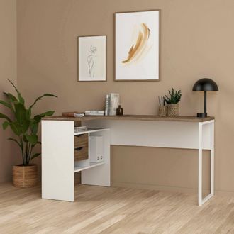 Dmora Escritorio De Esquina Con Dos Cajones, Blanco Y Roble, 145 X 76 X 81 Cm, Con Embalaje Reforzado - Dmora