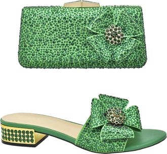 Generic Womens Low Heels Slip On Sandals and Full Rhinestone Sparkly Handbag Matching Set for Wedding Bride Party