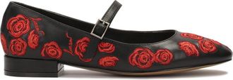 Kazar Zwarte platte pumps met bloemen - Dames - Ballerinas - Zwart - 37 EU - Leer - Schoenen