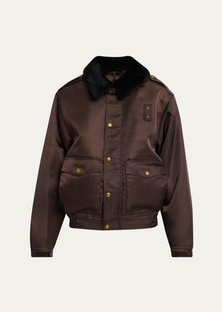 Willy Chavarria Faux-Fur Collar Shiny Nylon Uniform Bomber Jacket