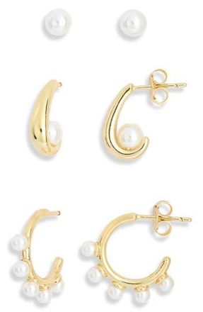 Nordstrom Rack 3-Pack Demi Fine Faux Pearl Earrings in White- Gold at Nordstrom Rack
