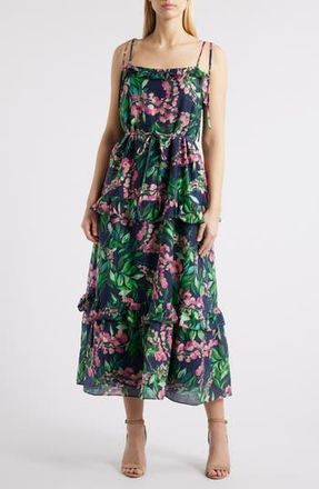 Julia Jordan Tie Strap Tiered Maxi Dress in Navy Multi at Nordstrom Rack, Size Medium