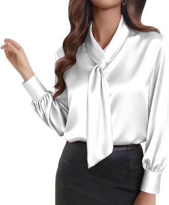Generic Satin Blouse for Women UK Dressy Tie Collared Neck Tops Long Sleeve Basic Plain Shirts Ladies Office Work Blouses Elegant Business Casual Shirt White