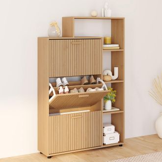 IDMarket Mueble Zapatero 18 Pares Juliette Imitaci&oacute;n Haya Con 3 Puertas Negras Y Estante