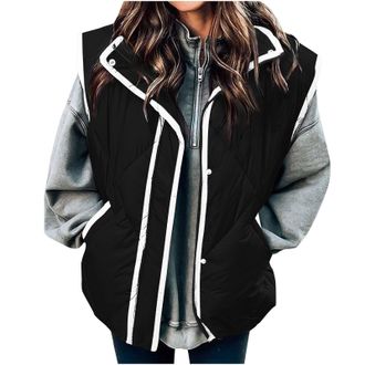 Generic Black Ladies Vest Jackets - Loose Fit, Full Zip Up, Buckle Down, Turn Down Collar, Sleeveless Coats, with Pockets, Trendy Lightweight Puffer Jackets W
