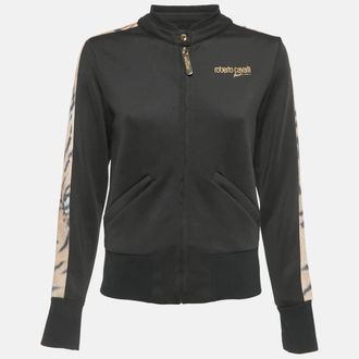 Roberto Cavalli Sport Black Animal Print Trim Crepe Zip Up Jacket