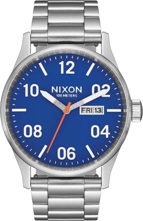 Nixon Mens Sentry Stainless Steel Day/date Watch In Silver/colbalt