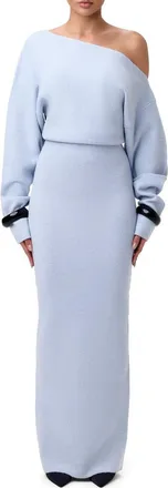 Naked Wardrobe One-Shoulder Long Sleeve Maxi Sweater Dress in Chambray at Nordstrom, Size X-Large