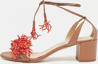 Aquazzura Brown Leather Panarea Beaded Ankle Tie Sandals