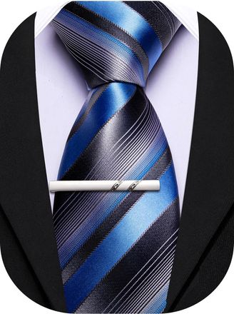 Barry.Wang Silk Men Ties Formal Stripes Necktie and Tie Clip for Wedding Party Business Fashion Classic, Blue and Gray, One Size