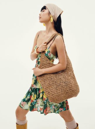 Simons Womens XL openwork braided straw tote bag