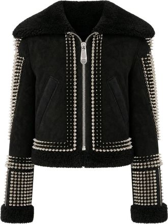 Philipp Plein Shearling Leren Cropped Jacket met Studs - Dames - Jassen - Zwart - Maat: S Acryl
