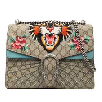 Gucci Tweedehands Medium GG Supreme Geborduurde Boze Kat Dionysus Schoudertas