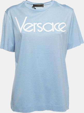 Versace Light Blue Cotton Logo Embroidered Tribute T-Shirt