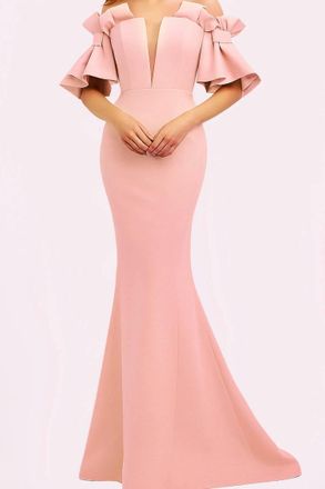 Jovani Off The Shoulder Short Sleeve Evening Dress In Blush