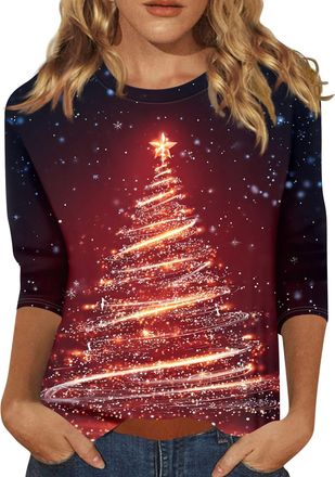 Generic Christmas Jumpers for Women UK Funny Cute Glitter Xmas Tree Graphic Printed Sweatshirts Crew Neck 3/4 Sleeve T Shirt Casual Print Patterns Holiday Jum