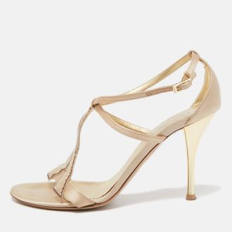 Loriblu Beige Satin Crystal Ankle Strap Sandals