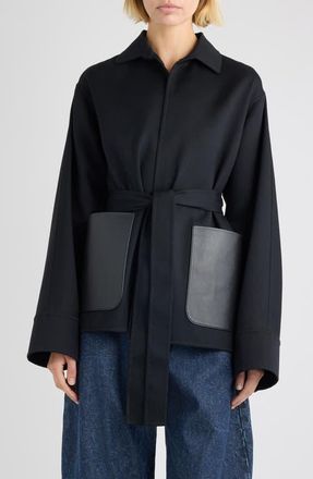Alaia Leather Pocket Virgin Wool Wrap Jacket in Noir Alaia at Nordstrom, Size 12 Us