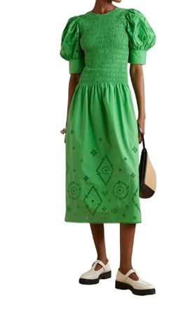 Ganni Green Cotton Smocked Dress Size L