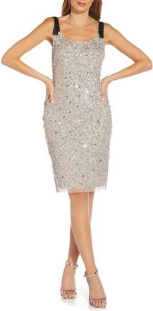 Adrianna Papell Ribbon Strap Beaded Mesh Cocktail Dress in Marble at Nordstrom, Size 6