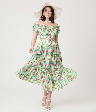 Unique Vintage 1950s Tiered Midi Skirt in Green Gingham Print at Nordstrom, Size X-Large