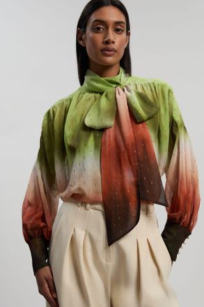 Karen Millen Womens Metallic Thread Ombre Print Woven Balloon Sleeve Blouse - Multicolour - Size 16 UK
