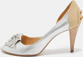 Tod's Tods Silver/beige Leather And Suede Peep Toe Dosary Pumps