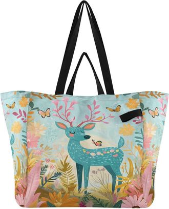 Generic Deer Butterfly Blue pattern Reusable Canvas Tote Bag, Heavy Duty Grocery Shopping Bag with Large Capacity Hard Bottom Double Handles Work Groceries Tr