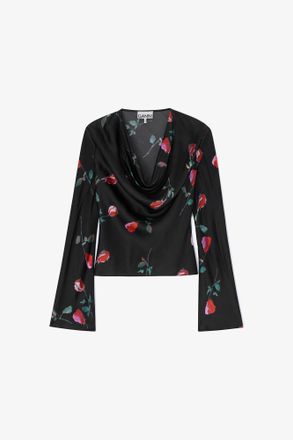 Ganni Black Printed Satin Blouse - Size 10/12 Viscose