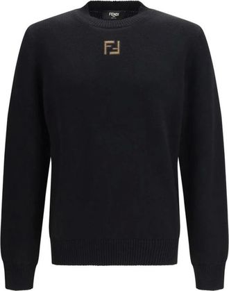 Fendi Round-neck Knitwear, male, Black, Size: M Fleece Wool Sweatshirt with Ribbed Trims