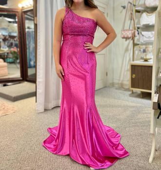 Faviana Beaded One Shoulder Long Dress In Lipstick