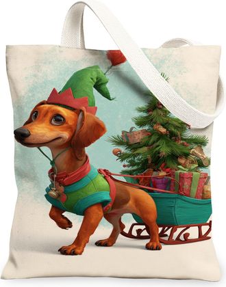 Generic Christmas Dog Canvas Tote Bags, Festive Canine Design Reusable Grocery Bags, Winter Holiday Lightweight Washable Shoulder S, Beige, 13x15 Inch