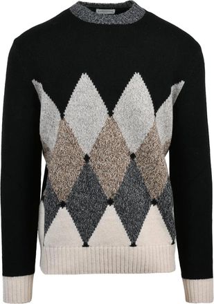 Ballantyne Beige Black Argyle Pattern Wool Crewneck Sweater
