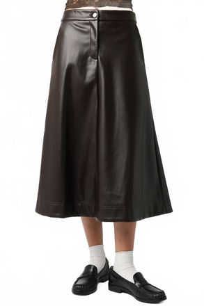Olivaceous Vegan Leather Midi Skirt In Chocolate