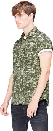 Find. Mens MATT S/S Tropical Print Regular Fit Floral Button Front Short Sleeve Dress Shirt, Green (Khaki Palm), Large (Manufacturer Size:L)