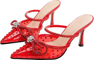 Generic Heel Sandals for Women 8.5CM Pointed toe Sexy Transparent TPU Bow Sparkling Rhinestones Party Dress Heel (Red,10.5)