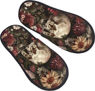 Generic DRTGEDS Floral Skull printing Fall Winter Fuzzy Slippers Comfy House Shoes,Portable for Hotel Travel Gifts for Women and Men, Black, 5