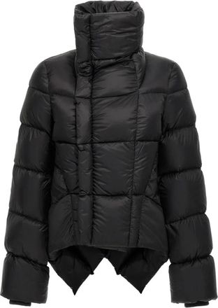 Rick Owens Winter Jackets, female, Black, 2XS, Black Leather Quilted High Neck Jacket