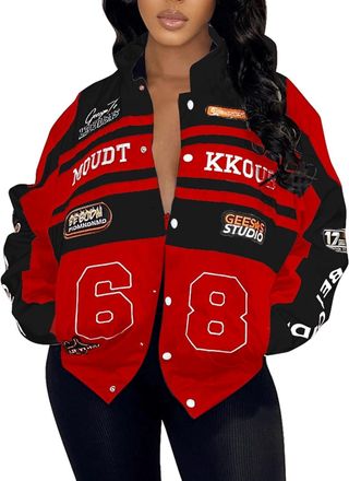 Generic Varsity Jacket Women Motorcycle Racer Detachable Letter Graphic Jackets Vintage Color Block Baseball Coat (Red,Large)