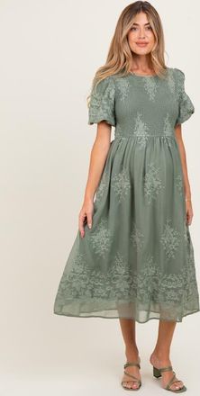 Pinkblush Floral Lace Smocked Midi Dress in Light Olive at Nordstrom, Size Medium