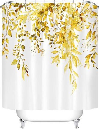 OEM Cortina De Ducha Para Ba&ntilde;o - Cortina De Ba&ntilde;o De Poli&eacute;ster Con Estampado De Hojas Amarillas, Ojales Y Ganchos Met&aacute;licos - 180 X 180 Cm