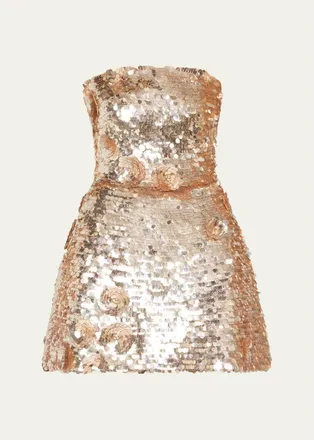 Monique Lhuillier Flower Applique Strapless Sequined Mini Dress