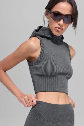 Alo | Seamless Two Tone Rib Hooded Vest in Dark Misty Grey Heather, Size: Medium